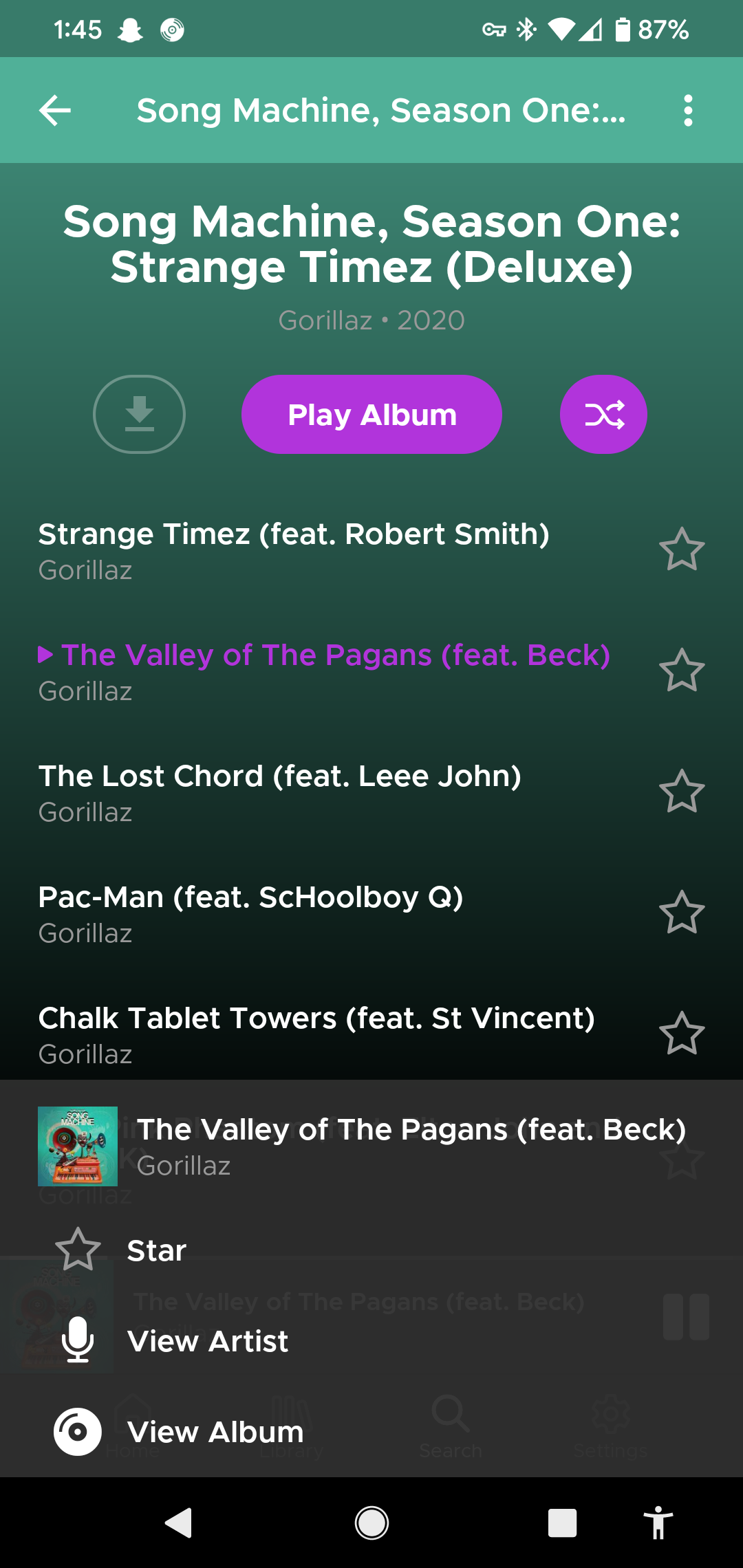 The context menu on mobile for a track.